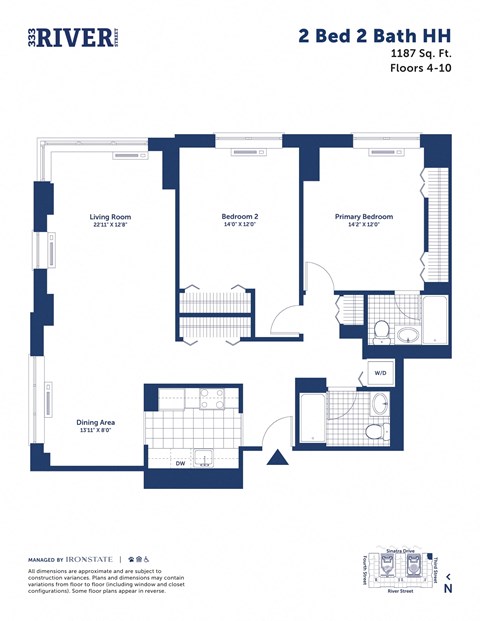 Floor plan for 2 beds, 2 baths, 1187 sqft